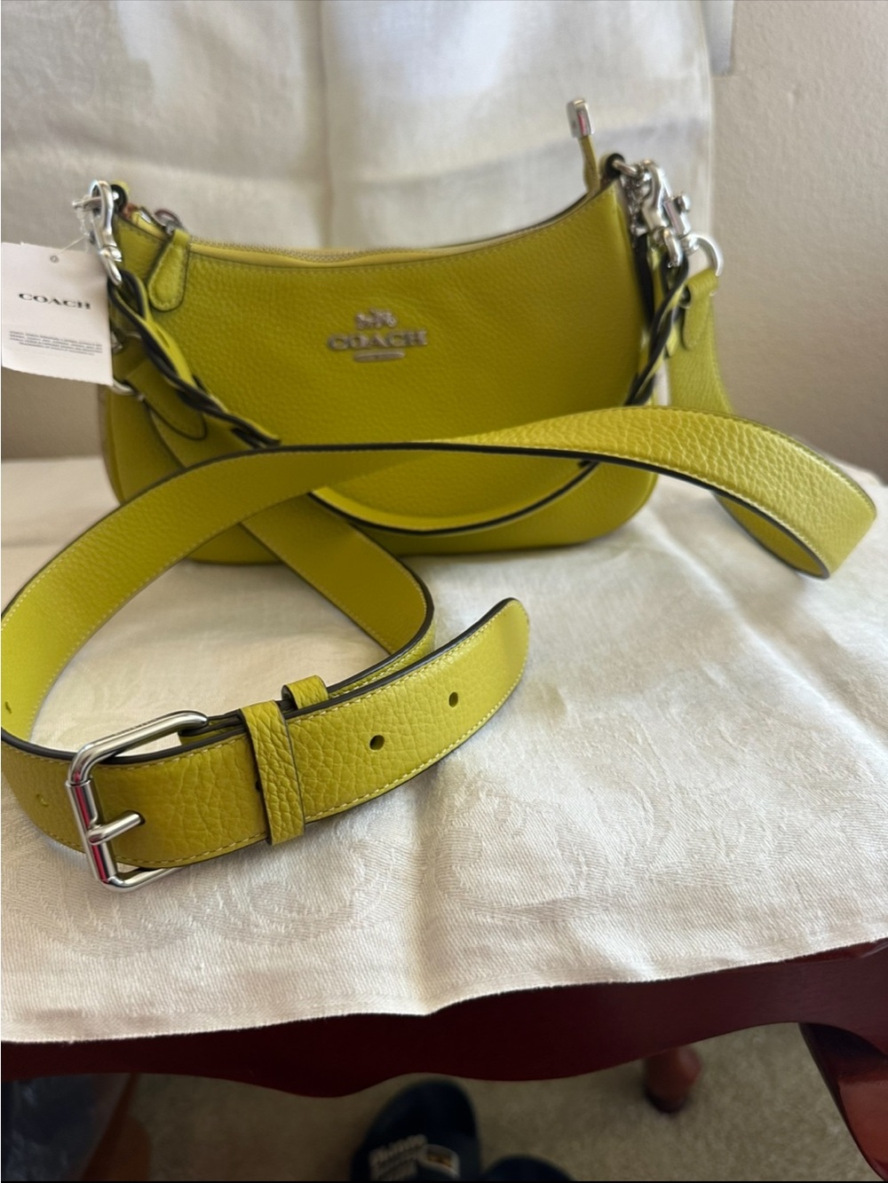Coach Lime Pebble Leather Crossbody Bag with Detachable Strap